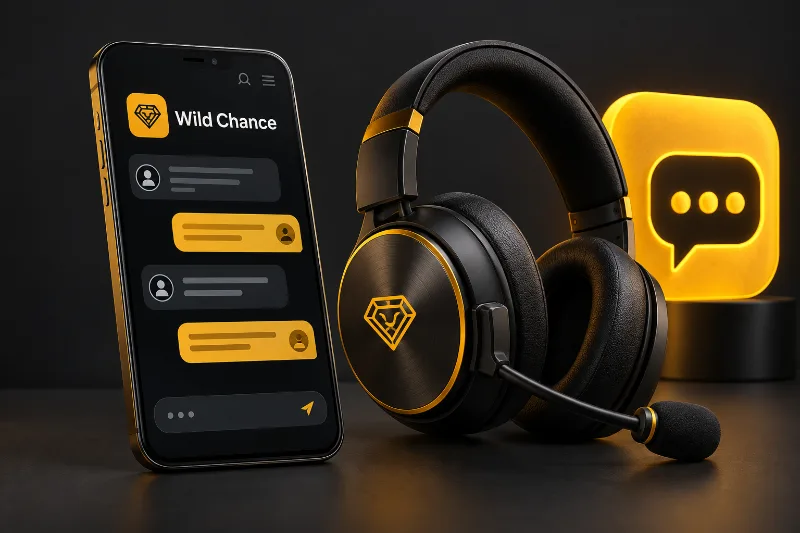 WildChance app support illustration with a headset and mobile chat
